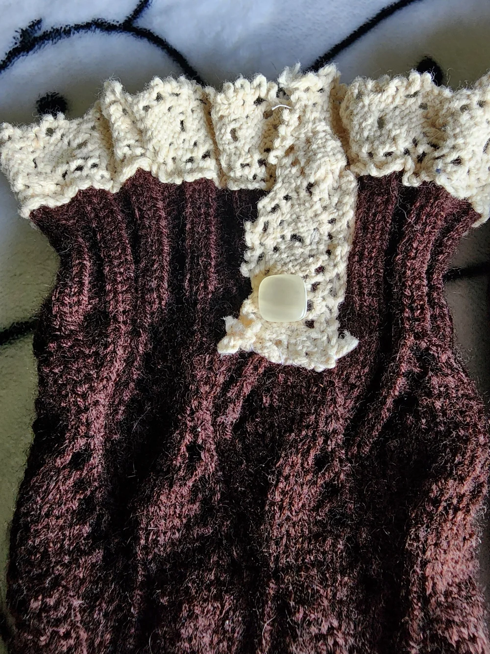 Handmade Brown Cable Knit Leg Warmers with Cream Lace Trim